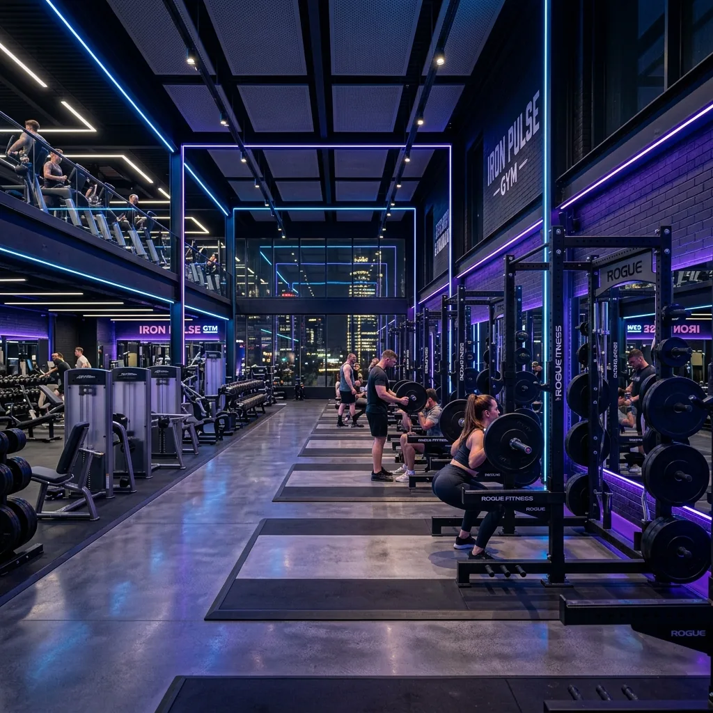The training floor at Brahmastra Gym with a power rack in the foreground