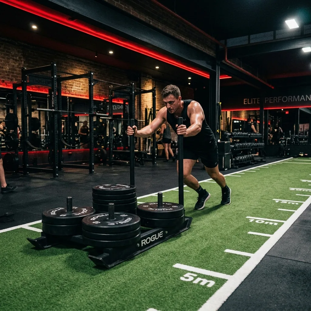 Weighted push sled on sprint turf