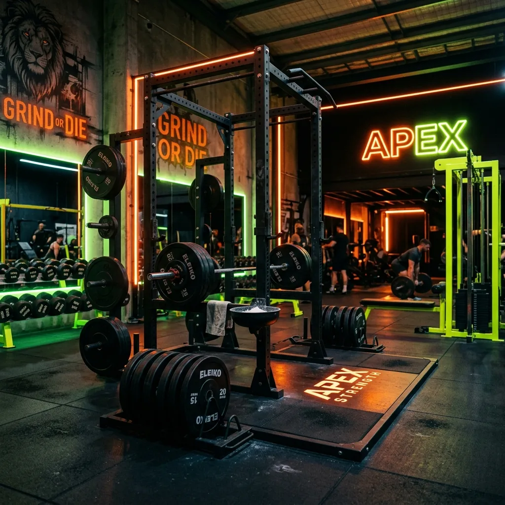 Dark premium gym interior lit with red neon